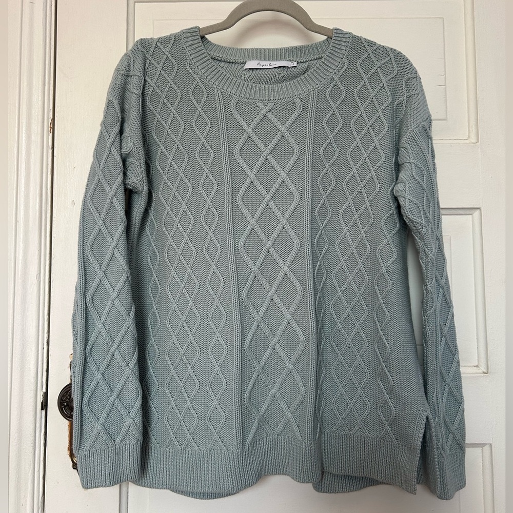 Harper Lane Open Back Cable Knit Sweater Medium Blue Green Cottagecore Spring